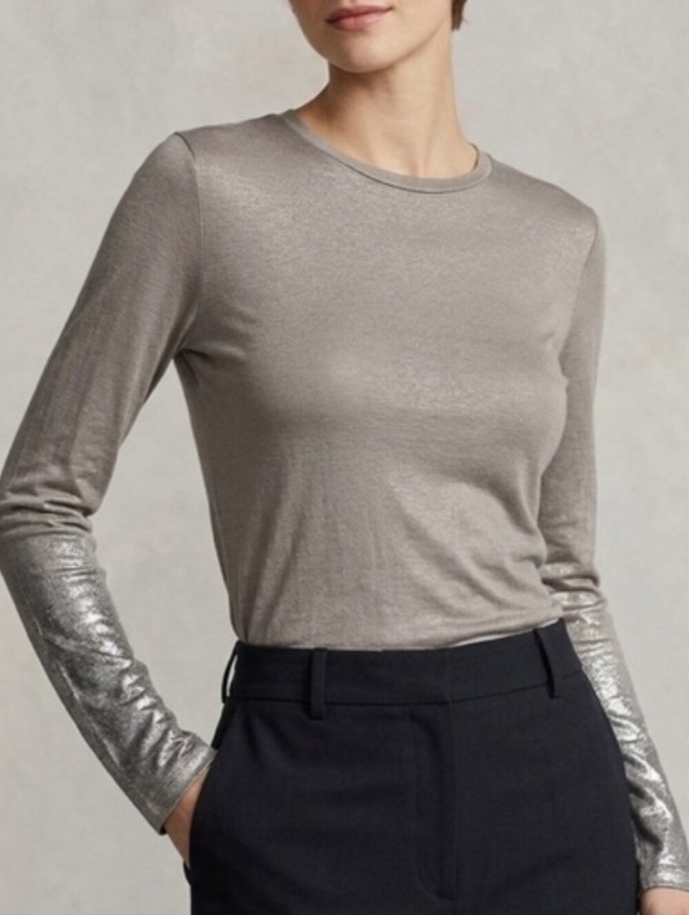 Vince Pima Cotton Blend Long Sleeve Tan Metallic Cuff Crewneck Medium